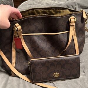 Coach Dark Brown and Tan Shoulder Bag with matching Wallet